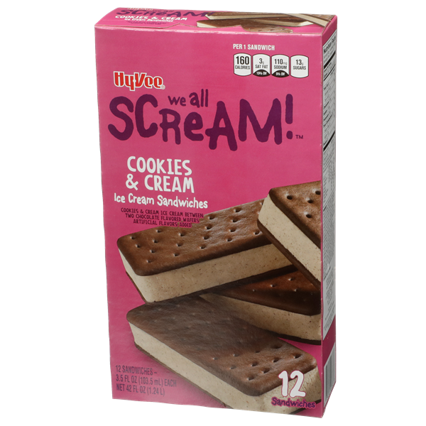HyVee Cookies & Cream Ice Cream Sandwiches 12 3.5 fl. oz. Bars Hy