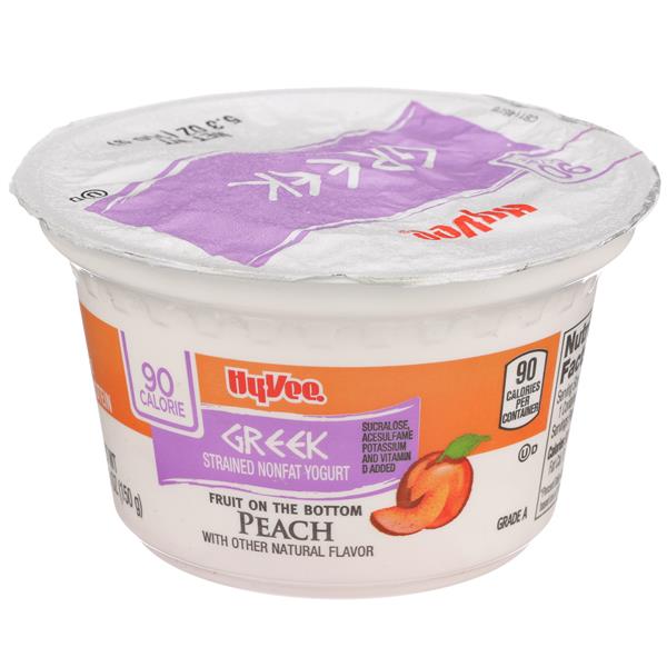 HyVee 90 Calorie NonFat Peach Flavor Fruit on the Bottom Greek Yogurt